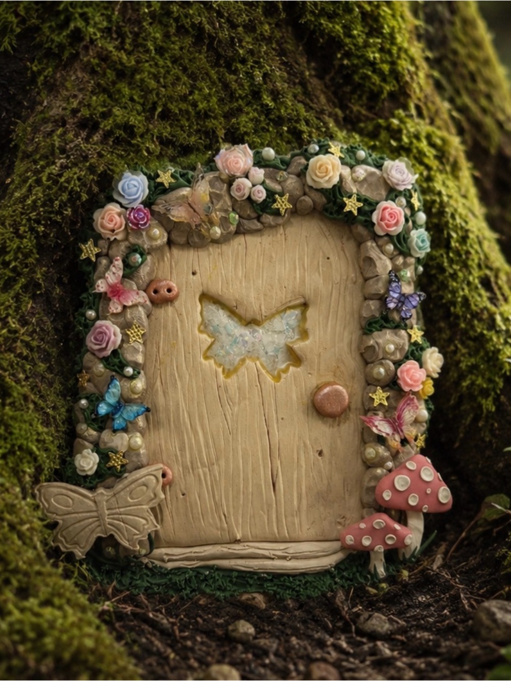 Whimsical Fairy Door with Butterfly Cutout and Floral Trim indoor/outdoor use